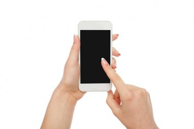 Kadının el işaret cep telefonu boş ekran, kırpma, kesme