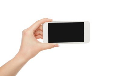 Kadının cep telefonu ekran tutan el, kırpma, kes şunu