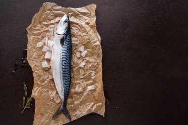 Siyah arka plan, Kraft kağıt üzerinde taze uskumru