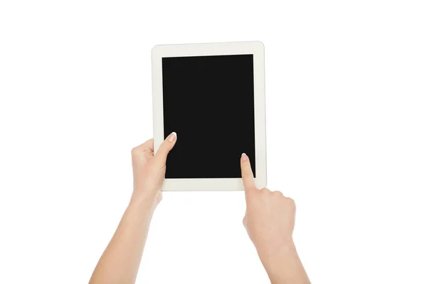 Las manos femeninas sosteniendo la tableta digital, recortar, cortar —  Fotos de Stock