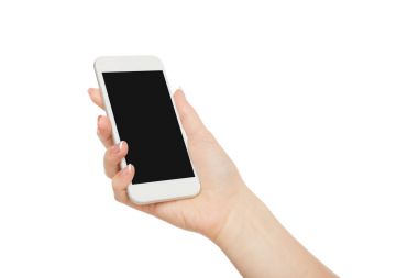 Kadının cep telefonu ekran tutan el, kırpma, kes şunu