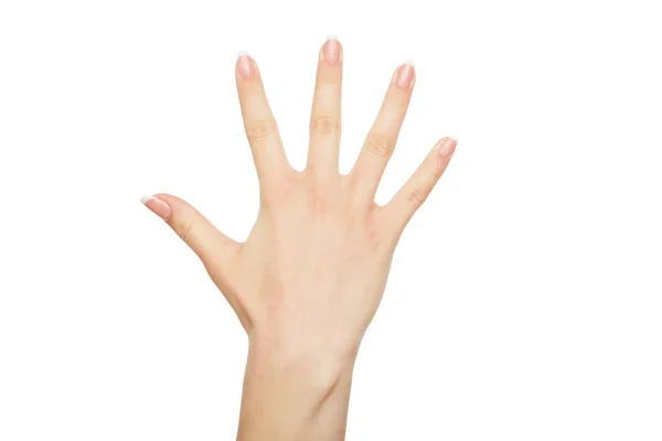 Weibliche Hand mit französischer Maniküre, Ernte, Ausschnitt — Stockfoto