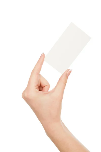 Kvinnans hand som håller tomt kort för textmeddelande, beskära, klippa ut — Stockfoto