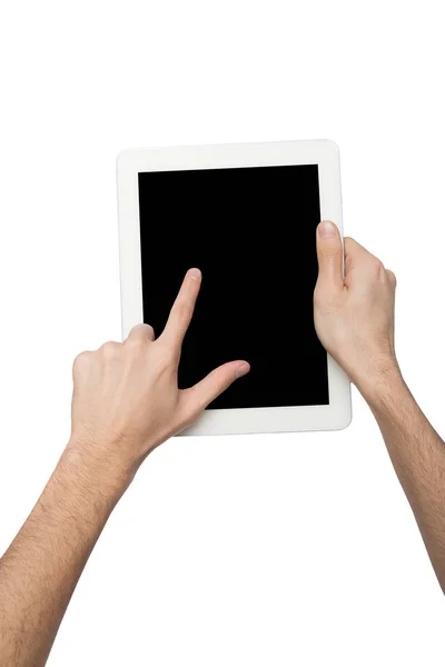 Uomo con tablet digitale con schermo bianco isolato su bianco — Foto Stock