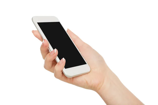 Женщина держит за руку экран мобильного телефона, обрезать, вырезать — стоковое фото