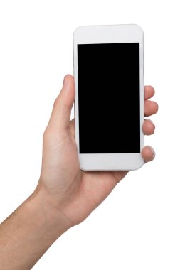 Erkek eli boş cep telefonu üzerinde beyaz izole holding