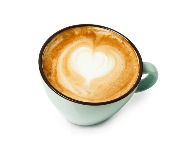 Espuma de capuchino, taza de café vista superior sobre fondo blanco — Foto de Stock