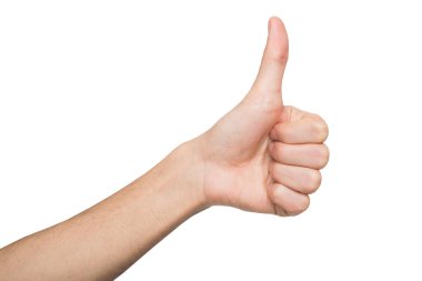 Erkek el başparmak üzerinde beyaz izole jest yapma