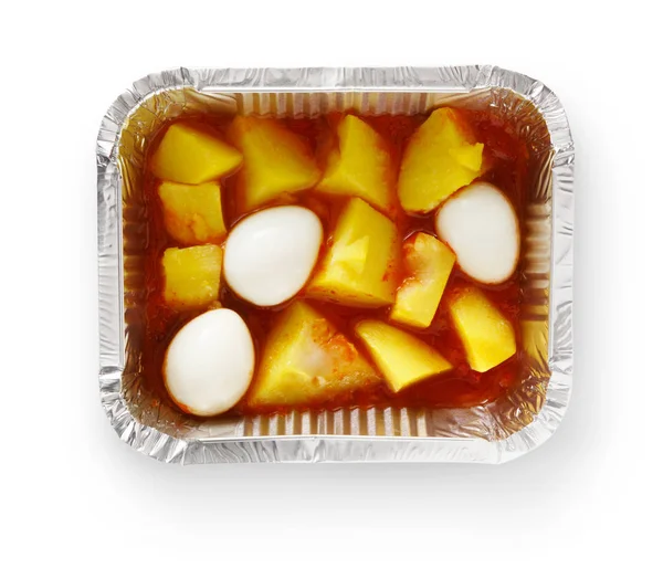 Comida saludable en cajas, concepto de dieta. Patatas y huevos — Foto de Stock