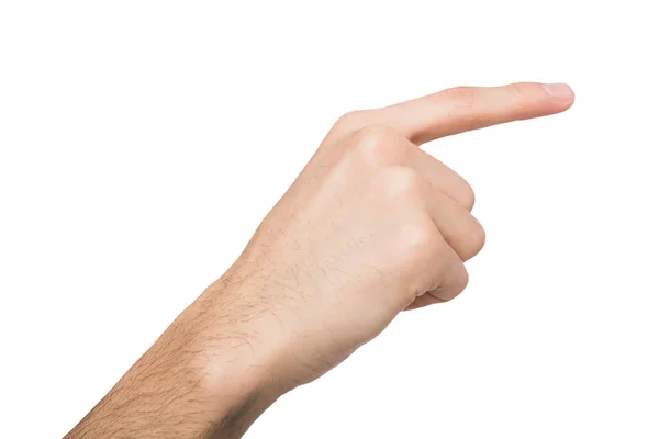 Mano masculina apuntando al objeto con el dedo índice aislado en blanco — Foto de Stock