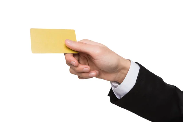 Mão masculina segurando cartão de plástico em branco isolado no branco — Fotografia de Stock