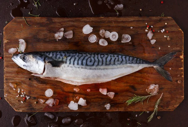 Färsk makrill på träskiva på svart bakgrund — Stockfoto