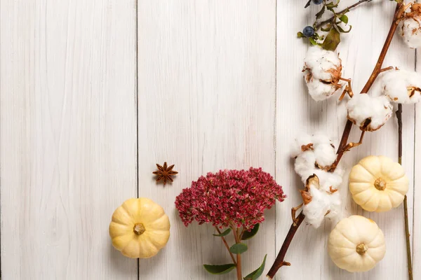 Beyaz ahşap zemin üzerinde kurutulmuş çiçek sonbahar çerçeve