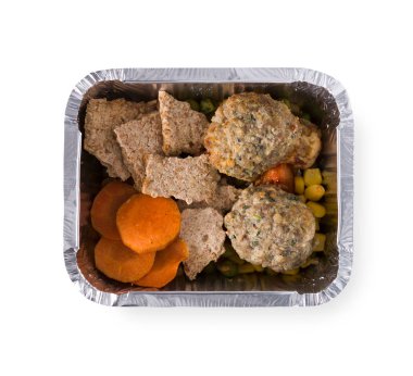 Sağlıklı gıda kutularında, diyet kavramı. Peksimet, pirzola, Mısır, havuç, bezelye