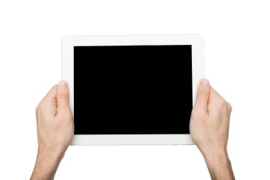 Boş ekran üzerinde beyaz izole ile dijital tablet tutan adam
