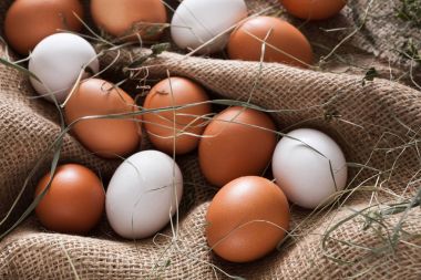 Taze tavuk kahverengi çuval, arka plan tarım organik yumurta