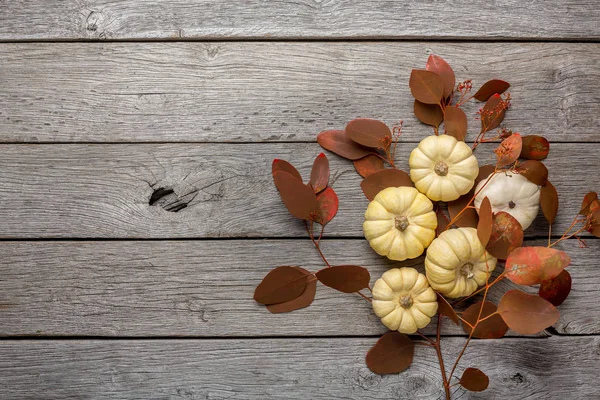 Ahşap arka plan üzerinde sonbahar natürmort kabaklar ve kuru yaprakları