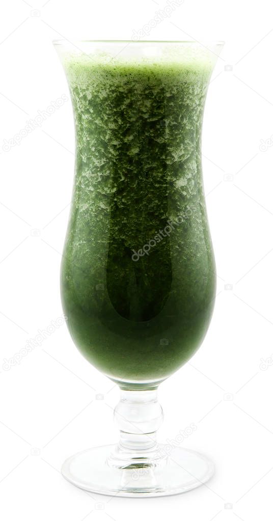A glass of detox spinach smoothie isolated on white background.