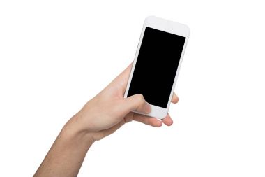 Erkek eli boş cep telefonu üzerinde beyaz izole holding