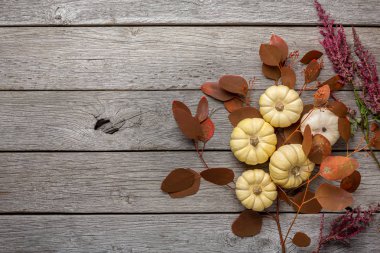 Ahşap arka plan üzerinde sonbahar natürmort kabaklar ve kuru yaprakları