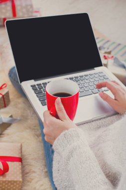 Kadın bilgisayarla online alışveriş yapıyor