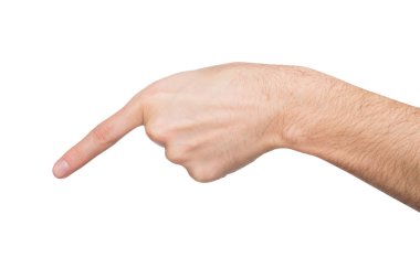 Erkek el nesne üzerinde beyaz izole işaret parmağı ile işaret