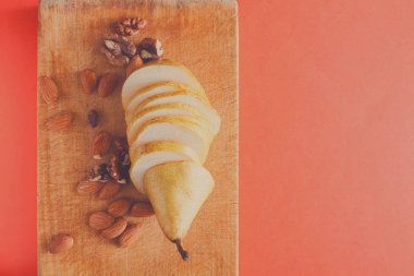 Sağlıklı gıda, meyve arka plan, dilimlenmiş armut