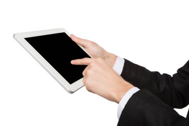 Boş ekran üzerinde beyaz izole ile dijital tablet holding erkek eller