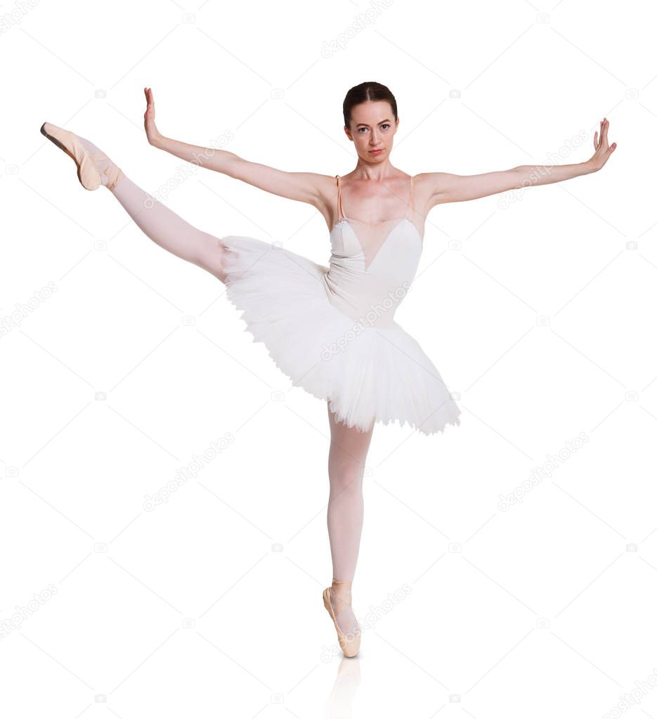 Ballerina in tutu skirt isolated at white