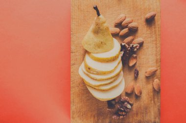 Sağlıklı gıda, meyve arka plan, dilimlenmiş armut