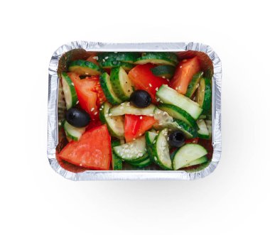 Sağlıklı gıda kutularında, diyet kavramı. Salata, cuted domates, zeytin, cucmbers susam ile