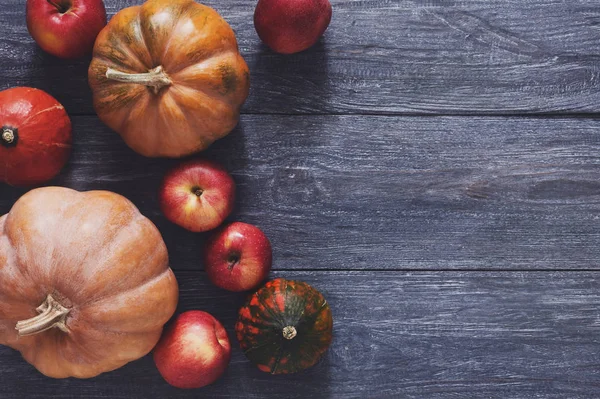 Kopya alanı mavi ahşap zemin üzerine kabaklar