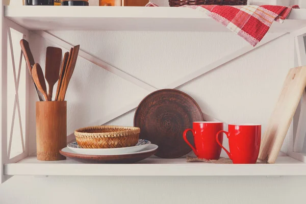 White wooden shelf, kitchen rustic furniture