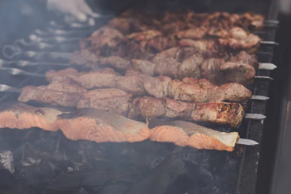 Φαγητό του δρόμου Φαστ Φεστιβάλ, βόειο κρέας και σολομό σουβλάκι — Φωτογραφία Αρχείου