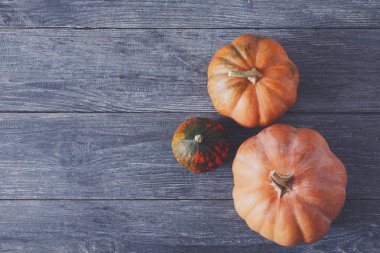 Kopya alanı mavi ahşap zemin üzerine kabaklar