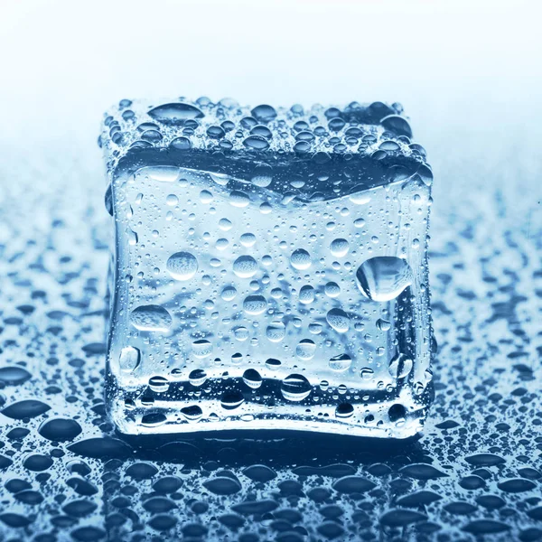 Transparante ice cube op blauw glas met water laten vallen — Stockfoto