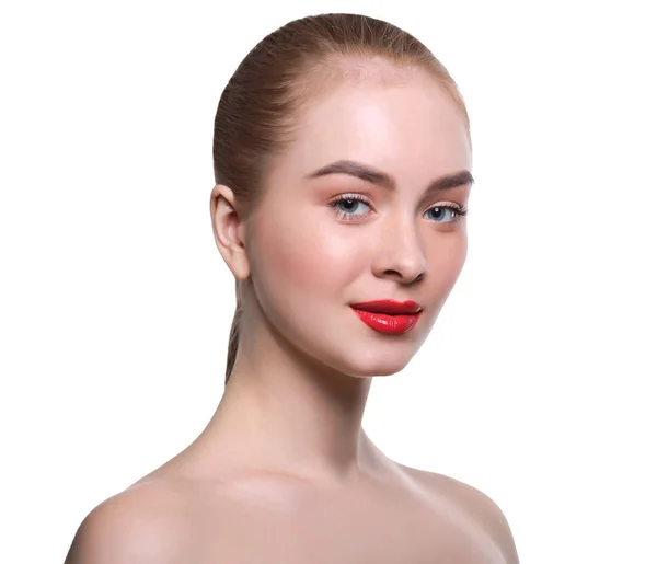 Hermosa chica con labios rojos retrato aislado en blanco, cosecha — Foto de Stock