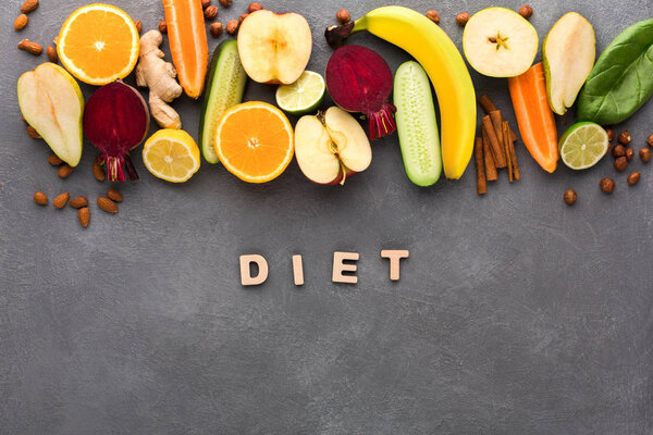 Ingredients for detox smoothie on gray background.