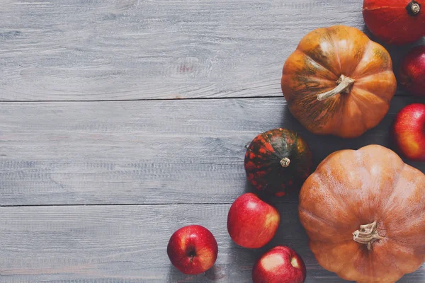 Kopya alanı mavi ahşap zemin üzerine kabaklar