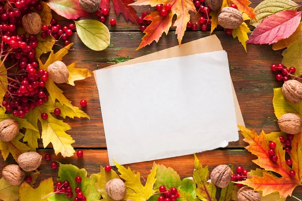 Herbstblätter und Beeren auf Holzgrund — Stockfoto