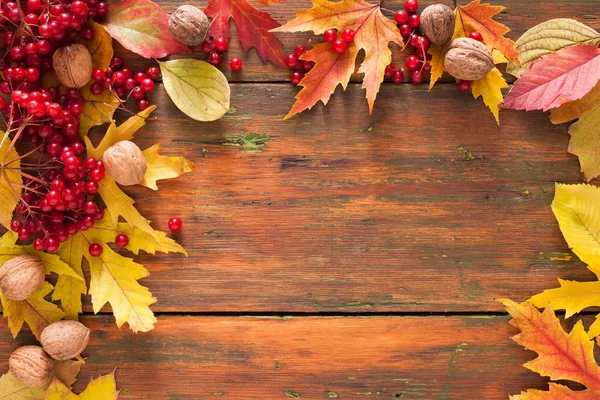 Žluté podzimní javorové listy a plody na dřevěné pozadí — Stock fotografie