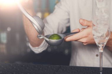 Limonlu, kokteyl yapmak barmen yakın çekim