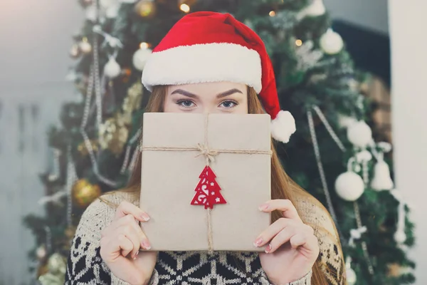 Joven chica feliz cubriendo la cara con regalo de Navidad — Foto de Stock