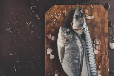 Ahşap tahta at kahverengi zemin üzerinde taze uskumru