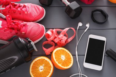 Fitness arka plan, spor ekipmanları, portre