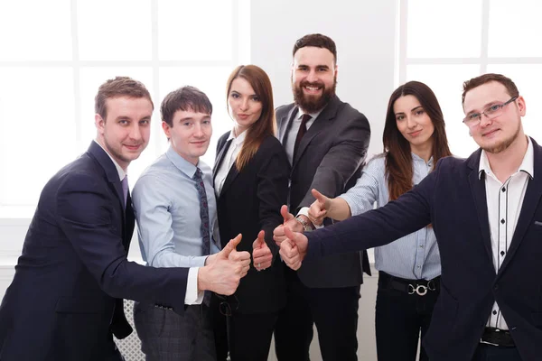 Успешная бизнес-команда празднует соглашение в офисе — стоковое фото
