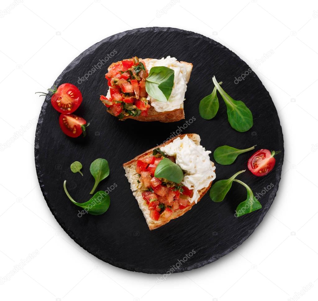 Bruschetta with cheese and vegetables isolated