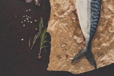 Siyah arka plan, Kraft kağıt üzerinde taze uskumru