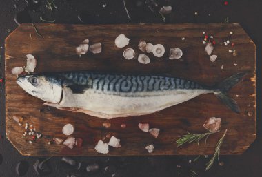 Ahşap tahta at siyah arka plan üzerinde taze uskumru