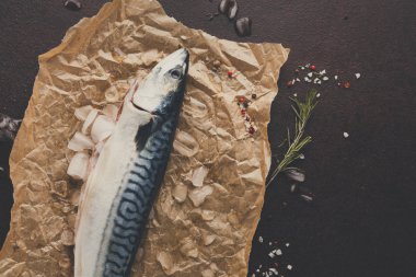 Siyah arka plan, Kraft kağıt üzerinde taze uskumru